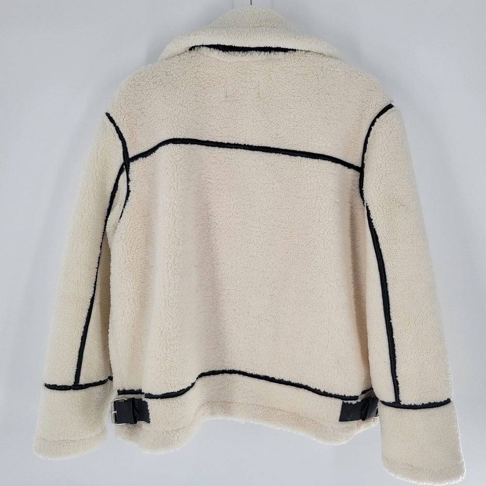 Jade & Ivory Cream Faux Shearling Aviator Jacket Black Trim Zip Front Cozy L New - Picture 2 of 5